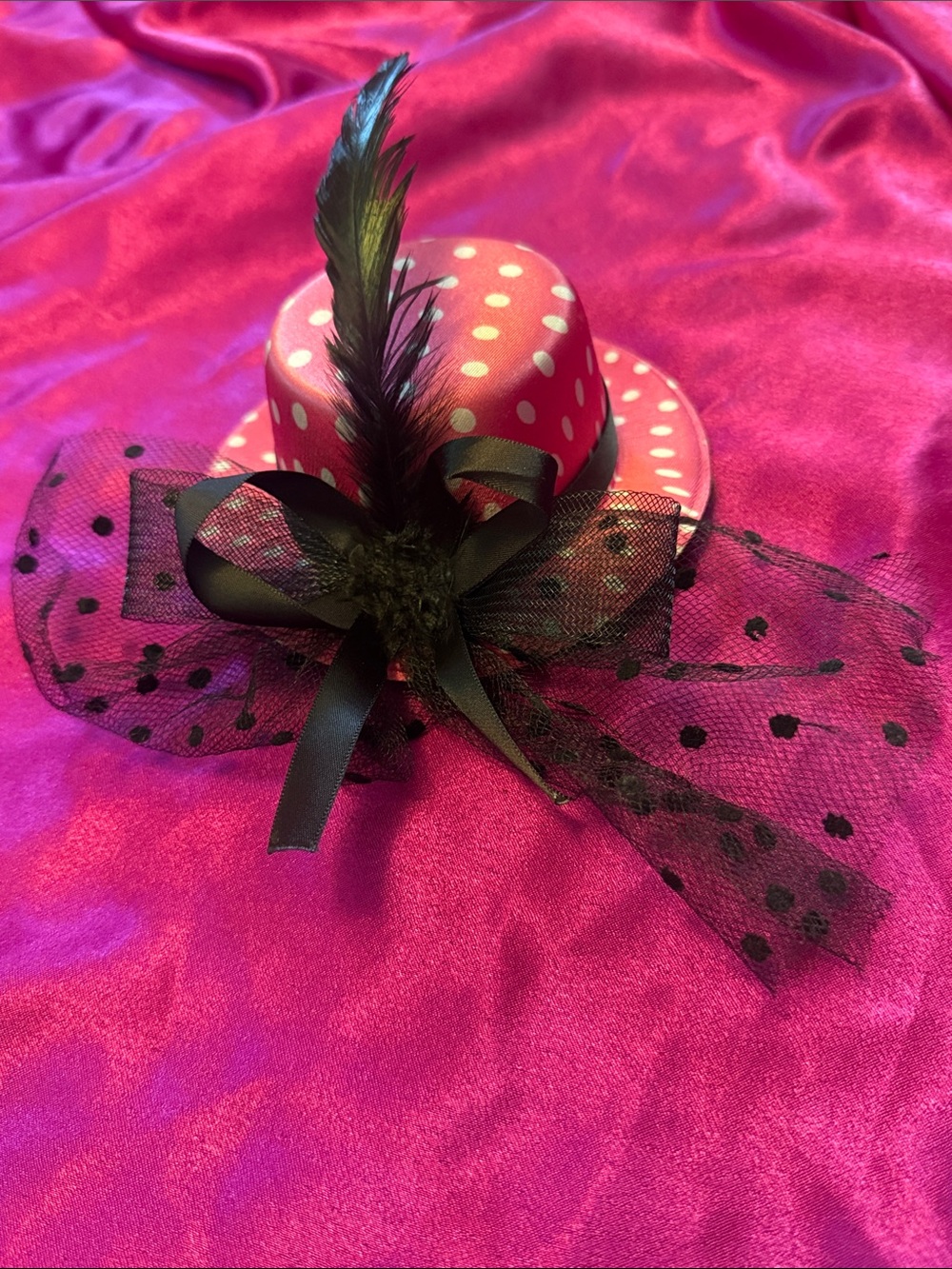 Polka Dot Mini Top Hat Hair Fascinator - Pink with Black Bow & Feather clips ins